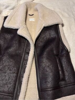 aerie Dark Brown Faux Leather Shearling Vest with Cream Lining